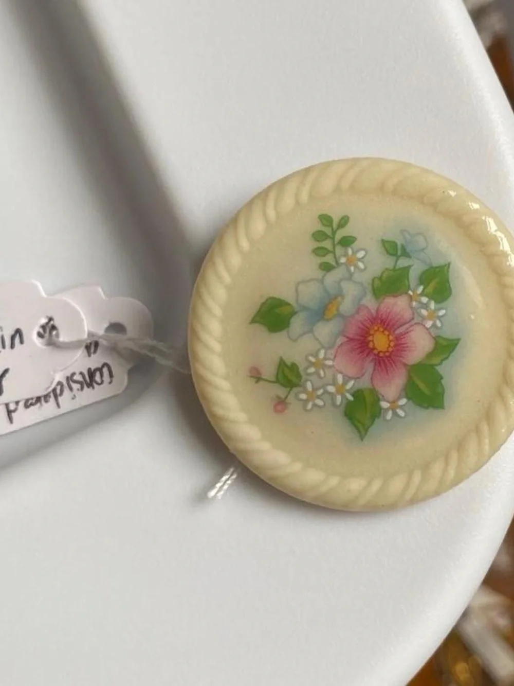 Vintage Signed AVON 1984 Book Piece Handpainted Floral Porcelain Pink Brooch Pin